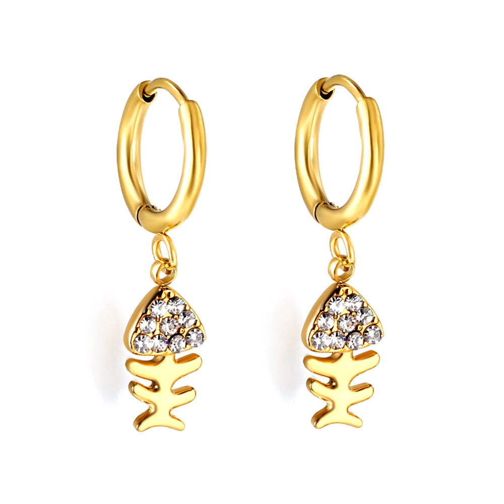 Wholesale Stainless Steel Circle with Fishbone White Diamond Hoop Earrings