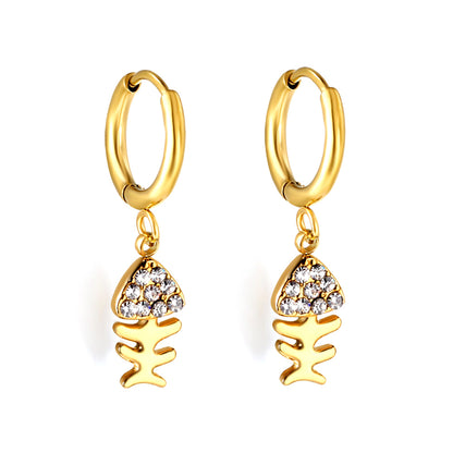 Wholesale Stainless Steel Circle with Fishbone White Diamond Hoop Earrings