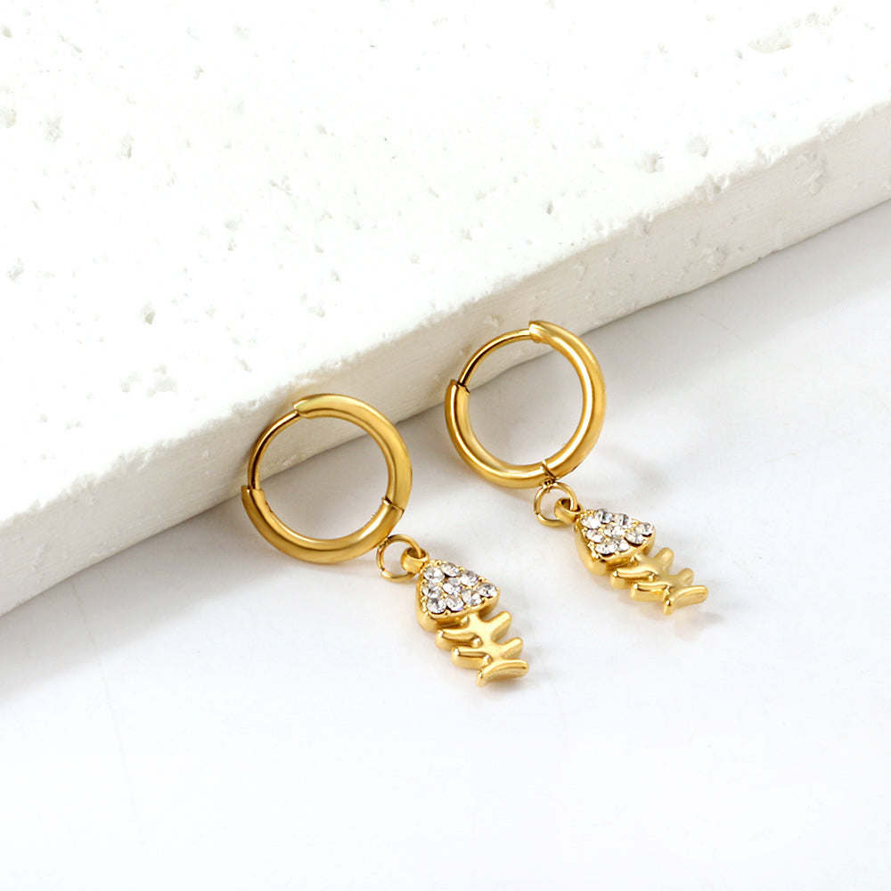 Wholesale Stainless Steel Circle with Fishbone White Diamond Hoop Earrings