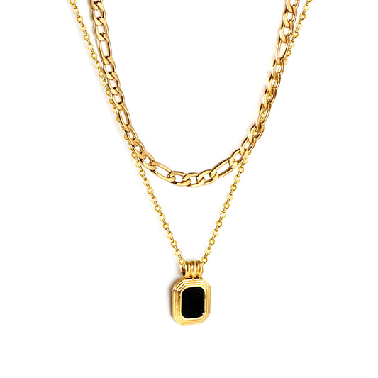 Wholesale 18K Gold Plated Double Layer Chain Necklace Black Enamel Square Pendant Luxury Contrast Art
