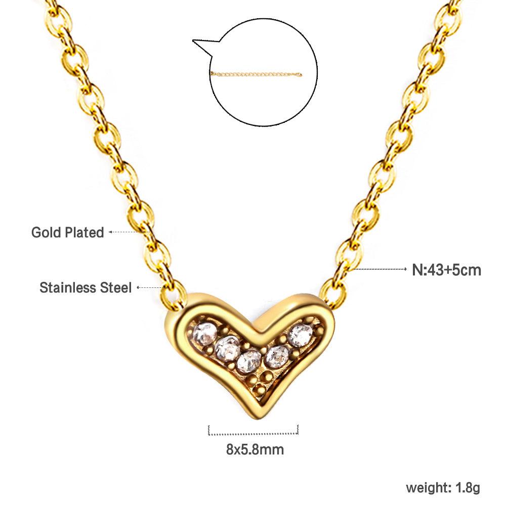 Bulk Stainless Steel Gold Tone Heart with Zircon Necklace Romantic Flair
