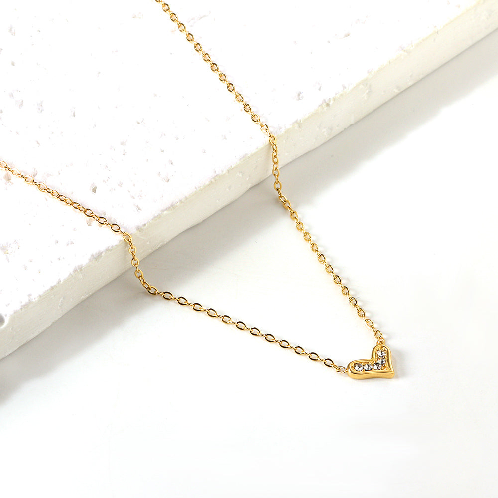 Bulk Stainless Steel Gold Tone Heart with Zircon Necklace Romantic Flair