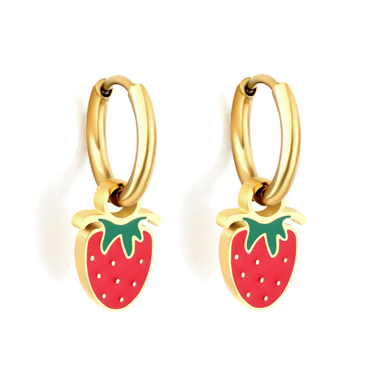 Bulk 18K Gold Strawberry - design Enamel Drop Earrings Red Freshness