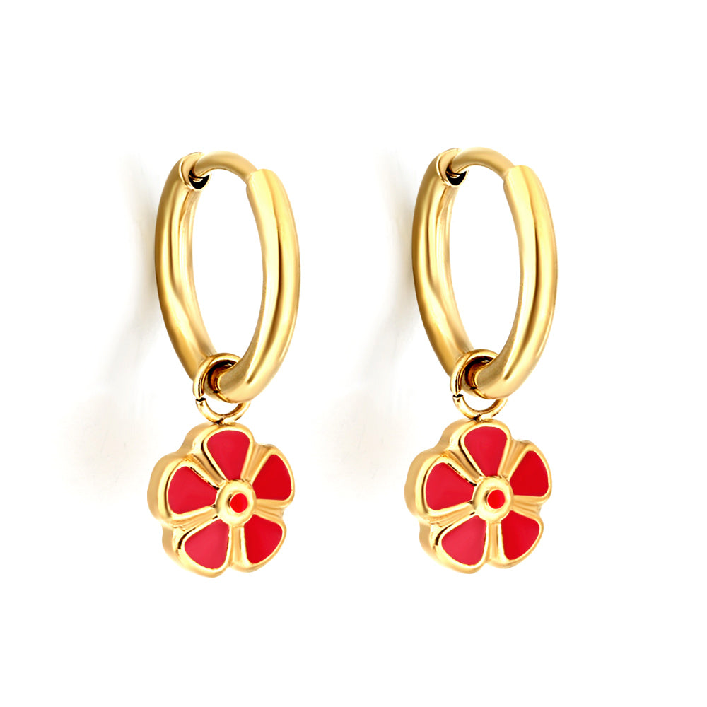 Bulk 18K Gold Red Flower Enamel Drop Earrings Elegant Design