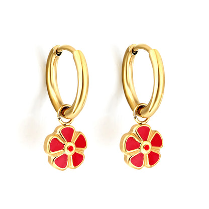 Bulk 18K Gold Red Flower Enamel Drop Earrings Elegant Design