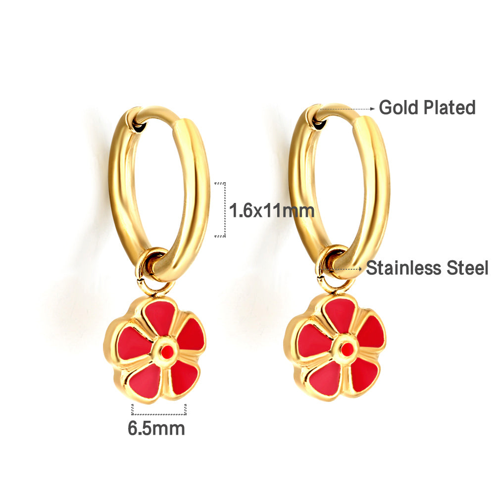 Bulk 18K Gold Red Flower Enamel Drop Earrings Elegant Design