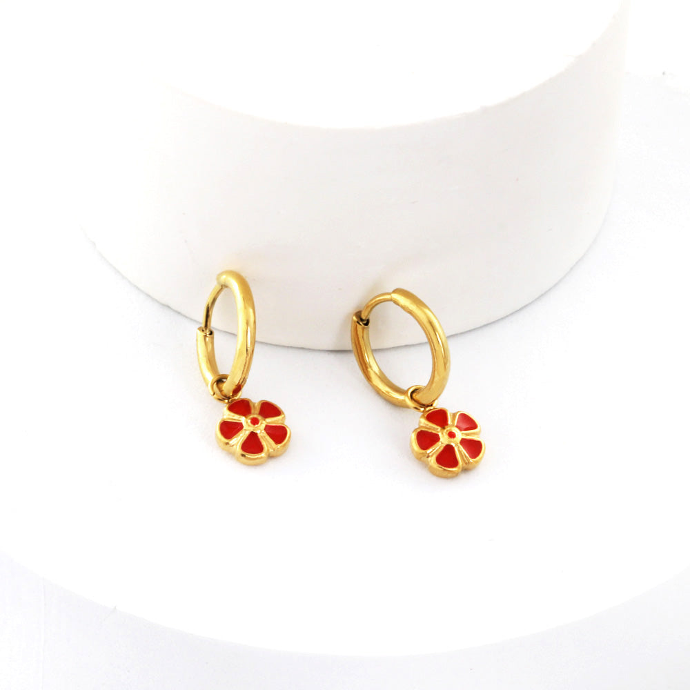 Bulk 18K Gold Red Flower Enamel Drop Earrings Elegant Design