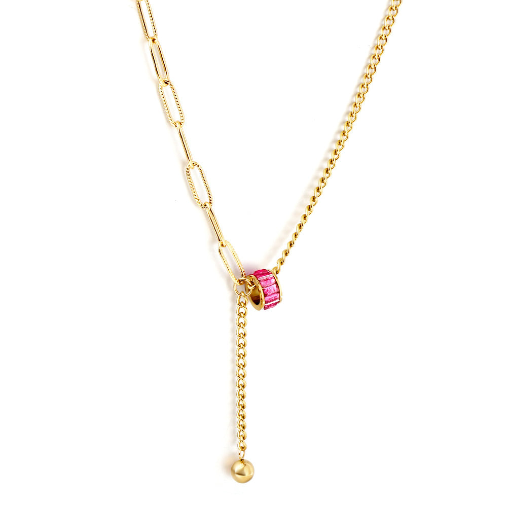 Wholesale Stainless Steel Gold Tone Fine Chain with Pink Gem Necklace Dainty Appeal