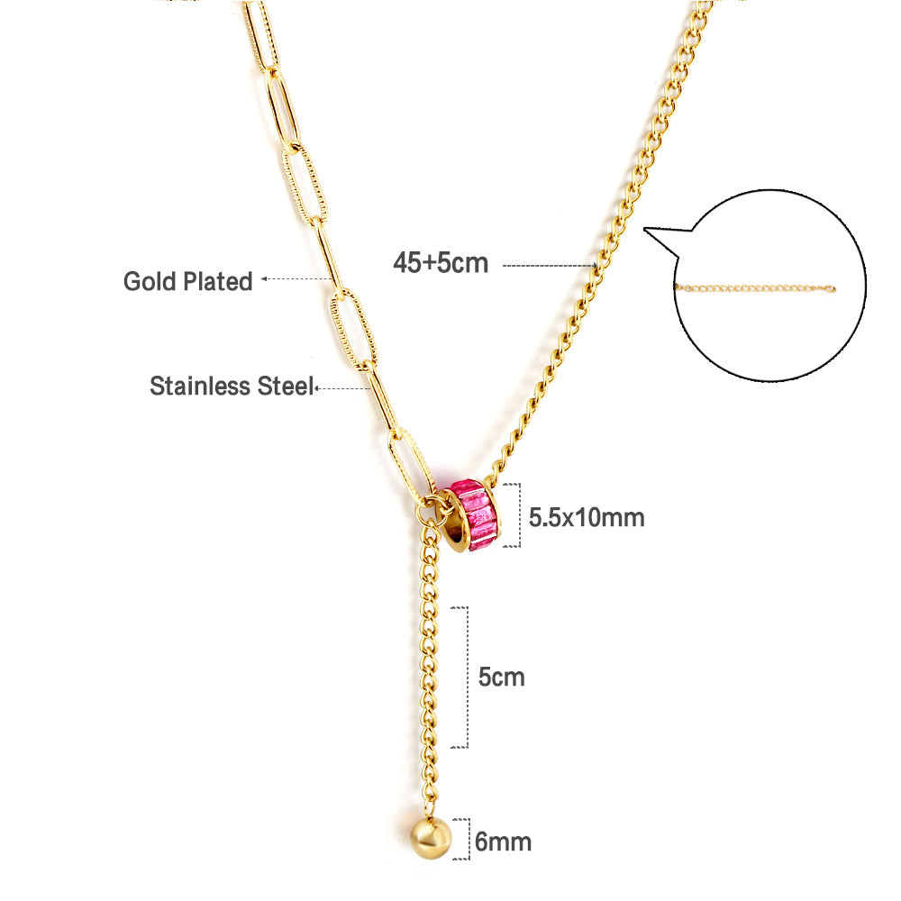 Wholesale Stainless Steel Gold Tone Fine Chain with Pink Gem Necklace Dainty Appeal
