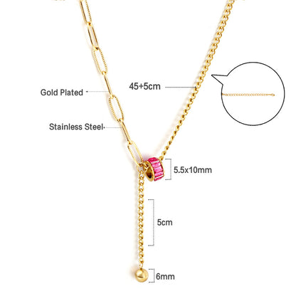 Wholesale Stainless Steel Gold Tone Fine Chain with Pink Gem Necklace Dainty Appeal