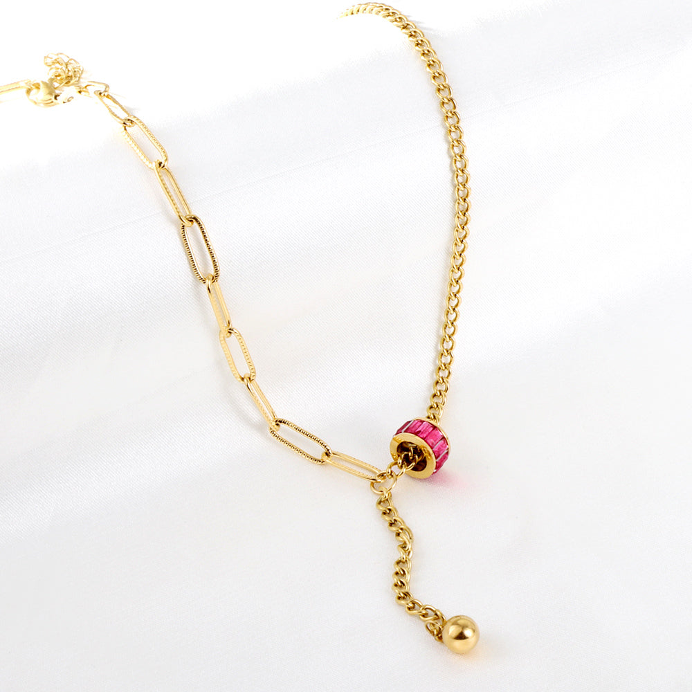 Wholesale Stainless Steel Gold Tone Fine Chain with Pink Gem Necklace Dainty Appeal