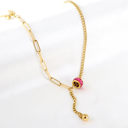 Wholesale Stainless Steel Gold Tone Fine Chain with Pink Gem Necklace Dainty Appeal