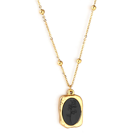 Wholesale 18K Gold Plated Oval Rose Cameo Necklace Enamel-Accented Beaded Chain Botanical Art