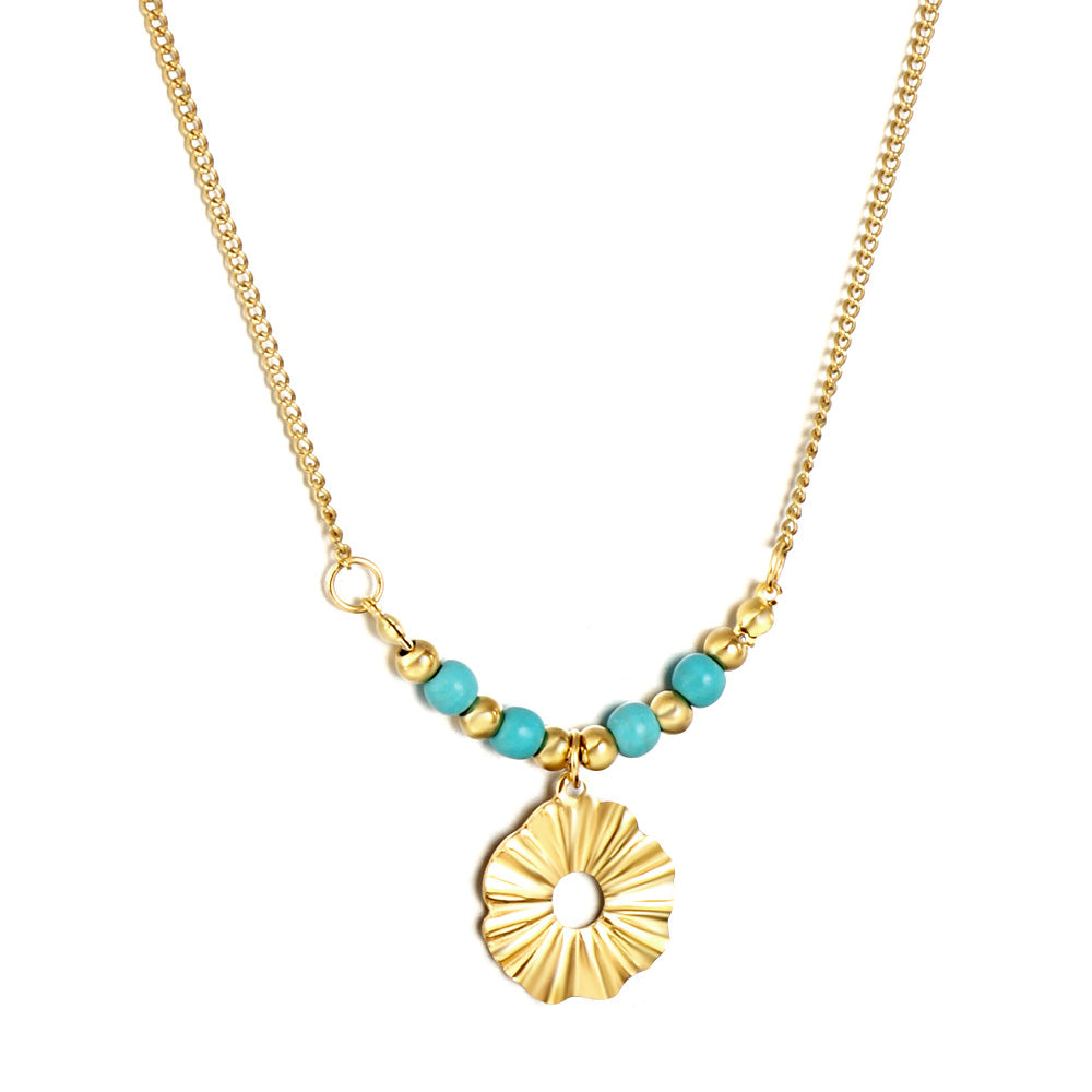 Bulk Stainless Steel Gold Tone Blue Bead Sun Pendant Necklace Boho Chic