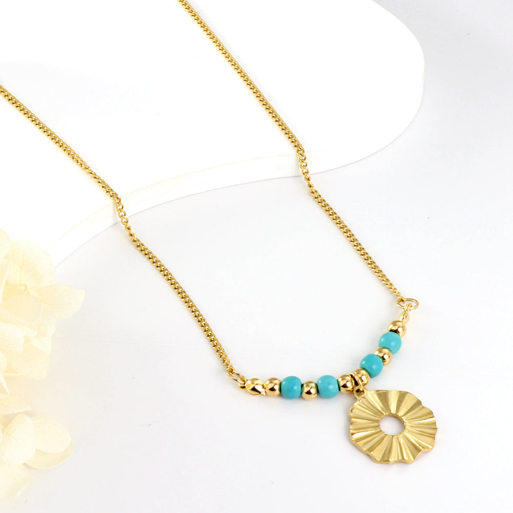 Bulk Stainless Steel Gold Tone Blue Bead Sun Pendant Necklace Boho Chic