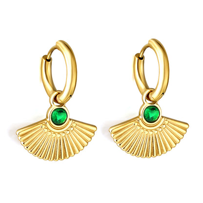 Bulk 18K Gold Green/Pink CZ - fan CZ Drop Earrings Fresh Accent