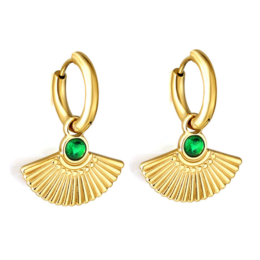 Bulk 18K Gold Green/Pink CZ - fan CZ Drop Earrings Fresh Accent