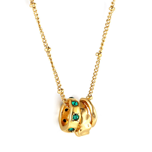 Wholesale Stainless Steel Gold Tone Green Gem Hoop Pendant Necklace Luxurious Touch