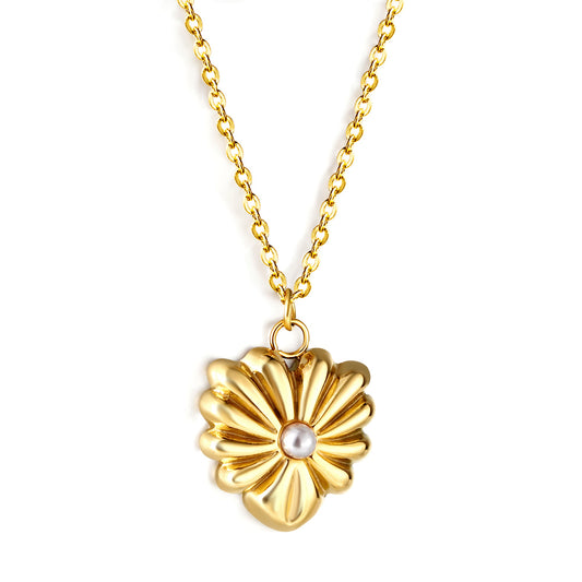 Wholesale Stainless Steel Gold Tone Flower with Pearl Pendant Necklace Floral Elegance