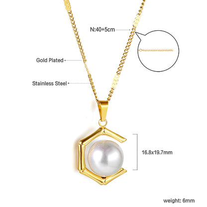 Wholesale Stainless Steel Gold Tone Hexagon Pearl Pendant Necklace Unique Design