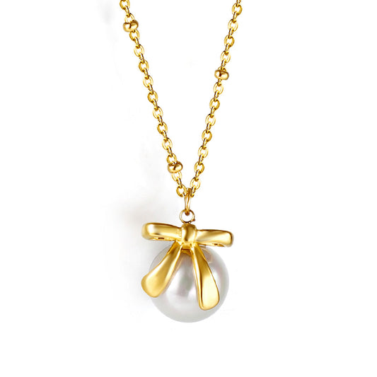 Wholesale 18K Gold Bow and Pearl Necklace Delicate Charm