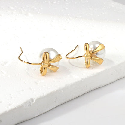 Bulk 18K Gold Bow - white Earrings Sweet Style