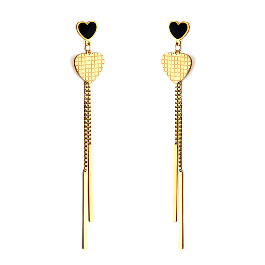 Wholesale 18K Gold Black - Heart Accent Gold - Heart Chain Drop Earrings Stylish Design