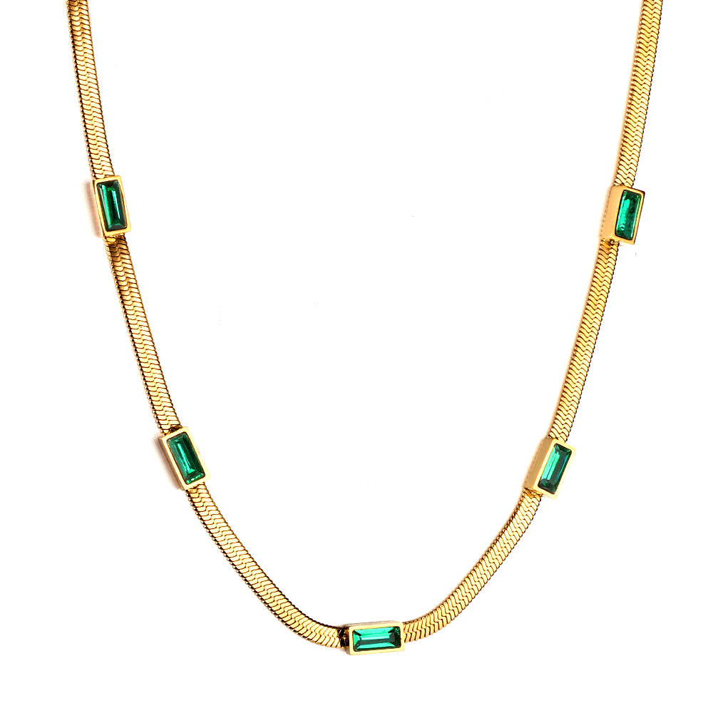 Bulk Stainless Steel Gold Tone Green Gem Long Chain Necklace Elegant Sophistication