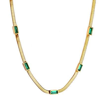 Bulk Stainless Steel Gold Tone Green Gem Long Chain Necklace Elegant Sophistication