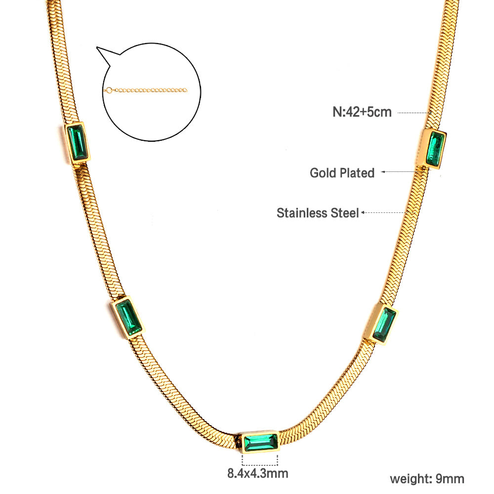 Bulk Stainless Steel Gold Tone Green Gem Long Chain Necklace Elegant Sophistication