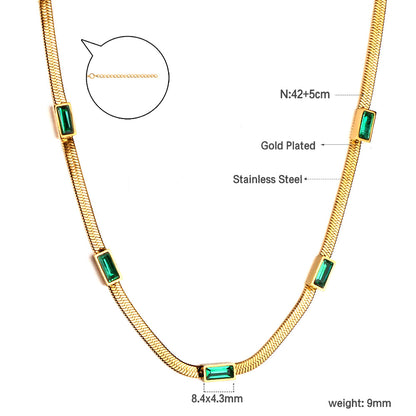 Bulk Stainless Steel Gold Tone Green Gem Long Chain Necklace Elegant Sophistication