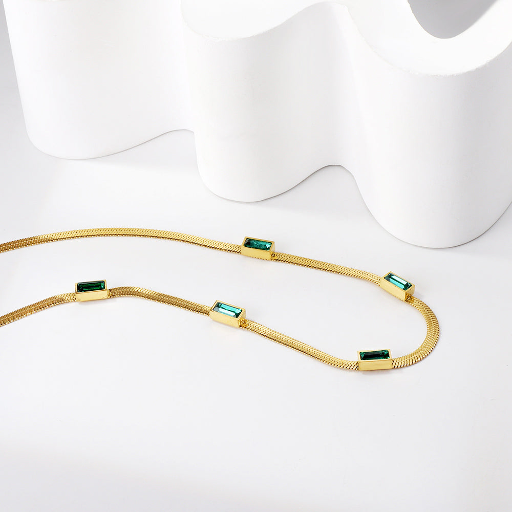 Bulk Stainless Steel Gold Tone Green Gem Long Chain Necklace Elegant Sophistication