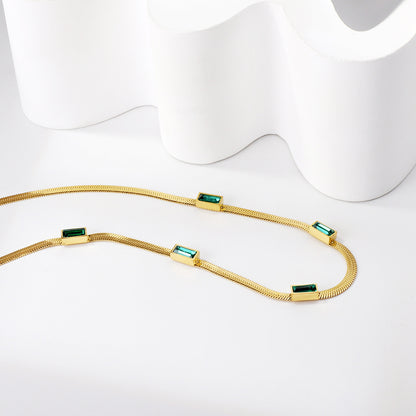 Bulk Stainless Steel Gold Tone Green Gem Long Chain Necklace Elegant Sophistication