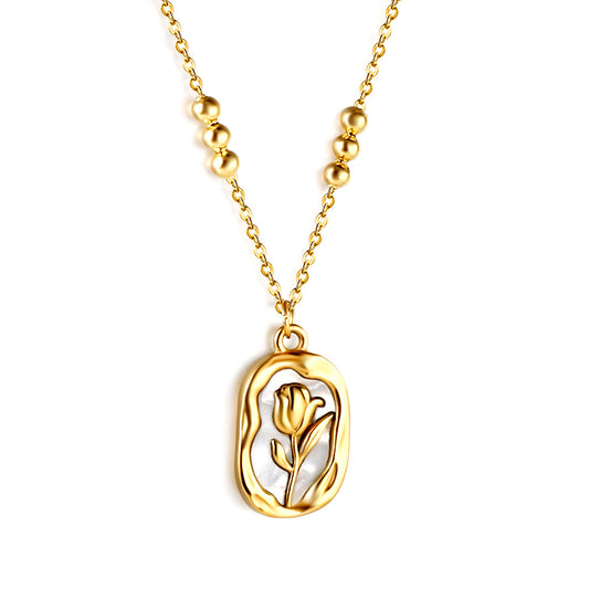 Wholesale Stainless Steel Gold Tone Oval Flower Pendant Necklace Charming Grace