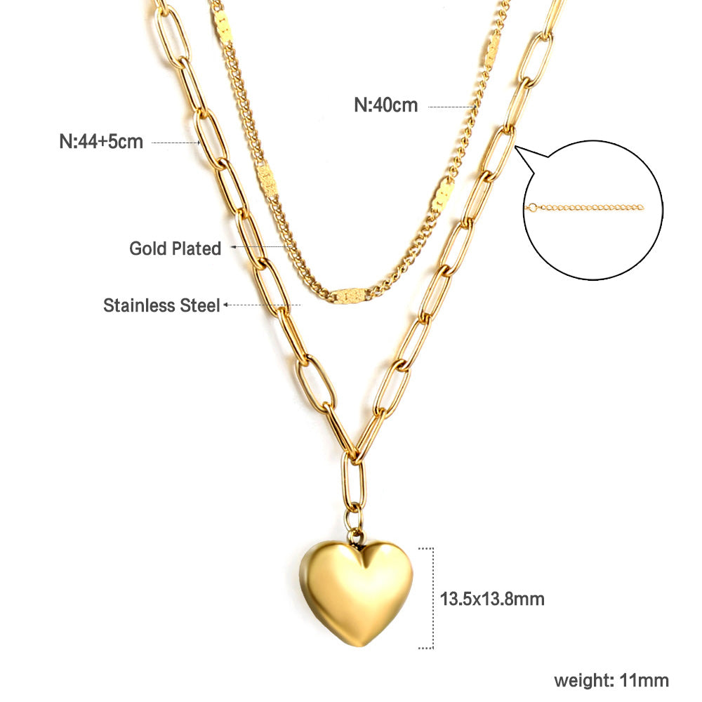 Wholesale 18K Gold Double - chain Heart Necklace Fashion - forward Style