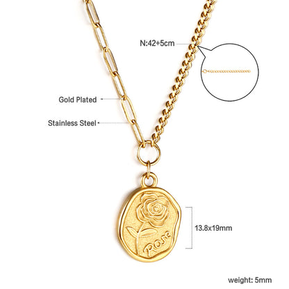 Bulk Stainless Steel Gold Tone Seal Pattern Pendant Mixed Chain Necklace Unique Edge