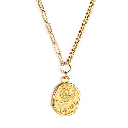 Bulk Stainless Steel Gold Tone Seal Pattern Pendant Mixed Chain Necklace Unique Edge