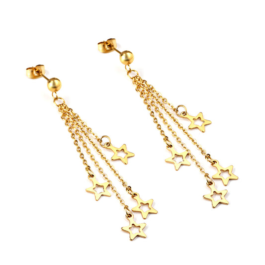 Wholesale 18K Gold Steel Beads with Long and Short Matching Chain 4 Stars Hollowed Out Earrings