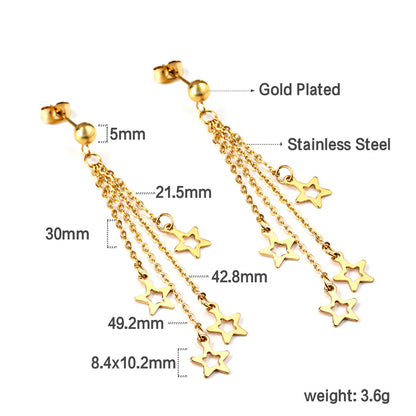 Wholesale 18K Gold Steel Beads with Long and Short Matching Chain 4 Stars Hollowed Out Earrings