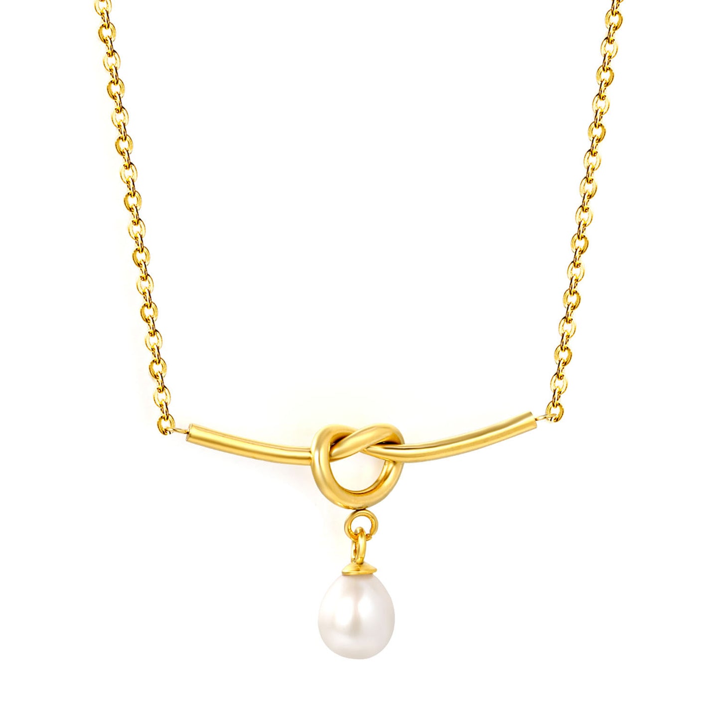 French Elegant Tie Knot Metallic T-Bar Fresh Water Drop Pearl Necklaces