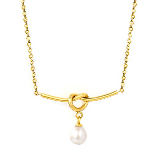 French Elegant Tie Knot Metallic T-Bar Fresh Water Drop Pearl Necklaces