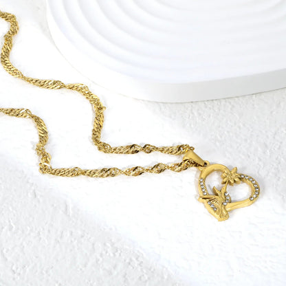 Luxury Hummingbird Heart Necklace | Waterproof Gold Cuban Chain