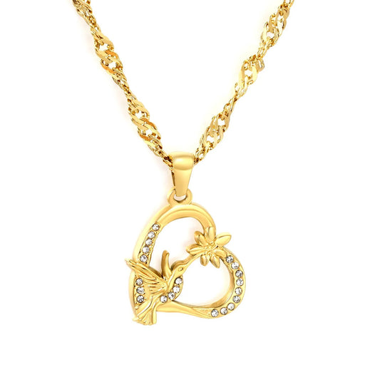 Luxury Hummingbird Heart Necklace | Waterproof Gold Cuban Chain
