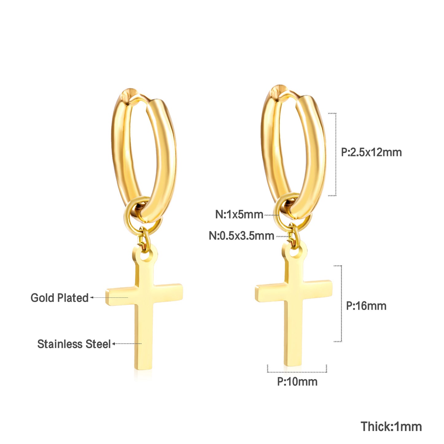 Bulk 18K Gold Cross Drop Hoop Earrings Hypoallergenic