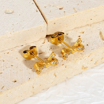 Minimalist Half Zircon Bow Studs | Waterproof Gold Stainless Steel