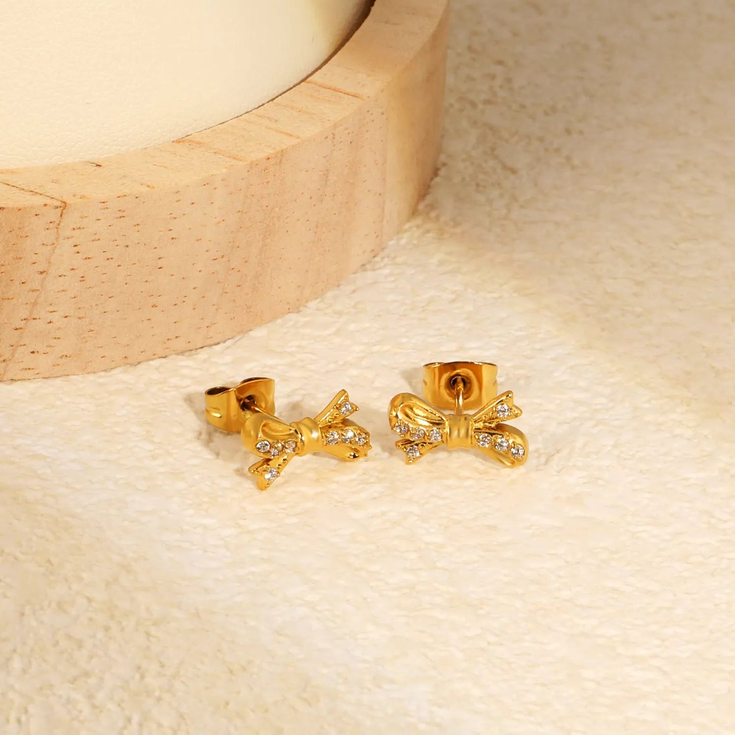 Minimalist Half Zircon Bow Studs | Waterproof Gold Stainless Steel