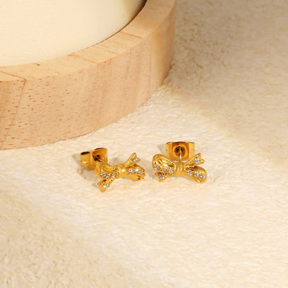 Minimalist Half Zircon Bow Studs | Waterproof Gold Stainless Steel