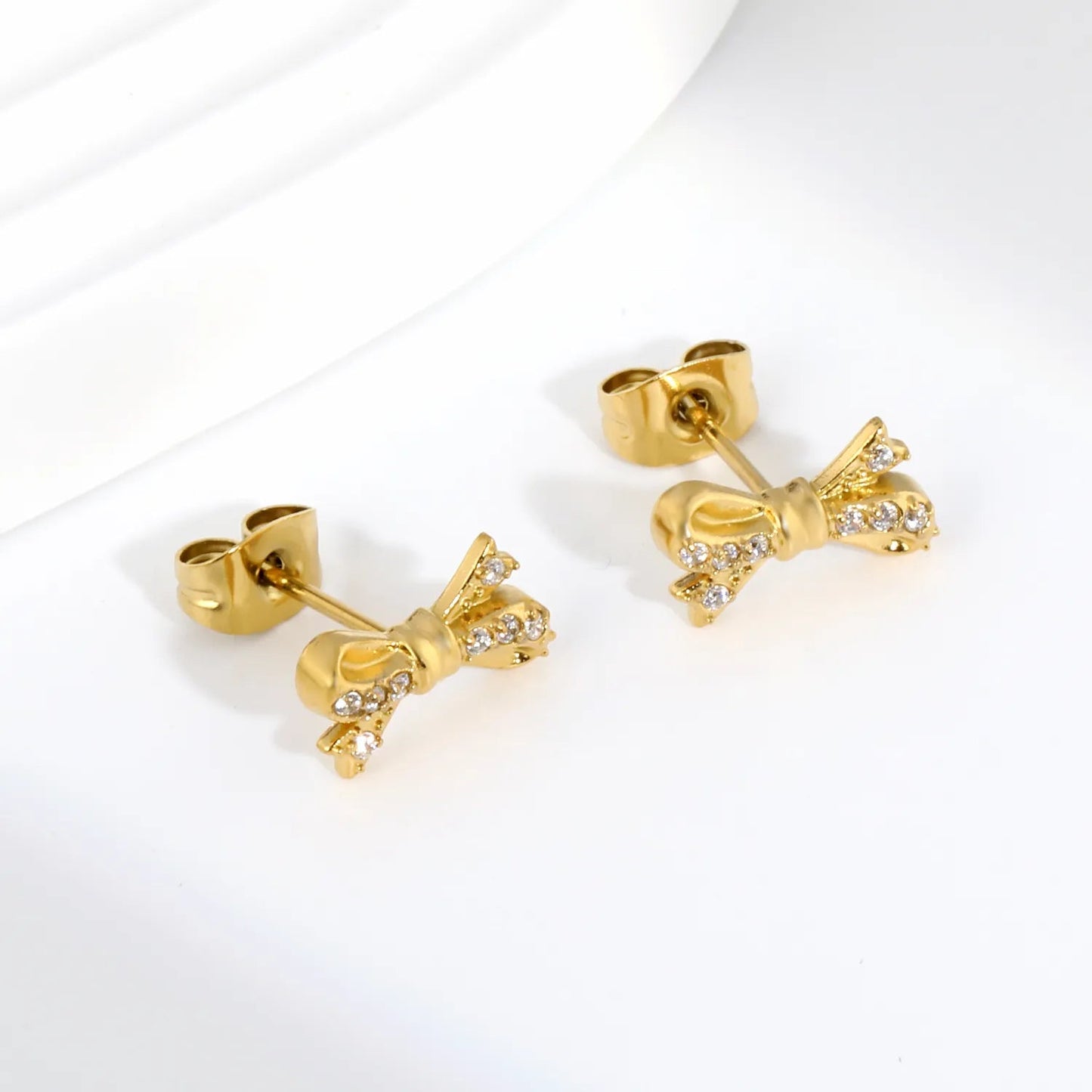 Minimalist Half Zircon Bow Studs | Waterproof Gold Stainless Steel