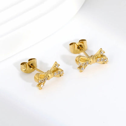Minimalist Half Zircon Bow Studs | Waterproof Gold Stainless Steel