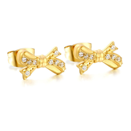 Minimalist Half Zircon Bow Studs | Waterproof Gold Stainless Steel